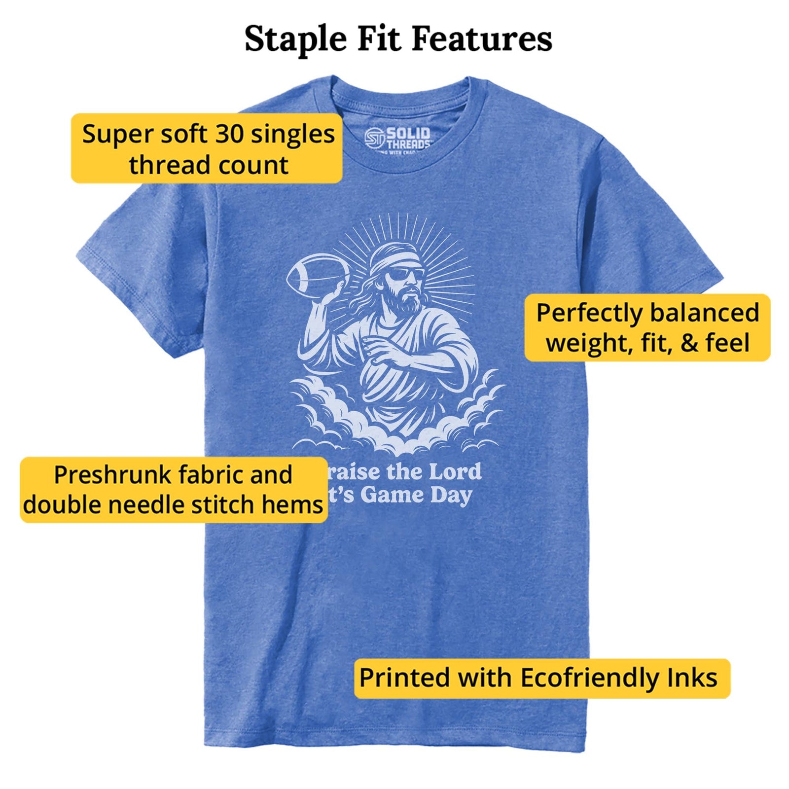 Praise The Lord Its Gameday Funny Staple T-shirt in Royal Heather - Fit Attributes