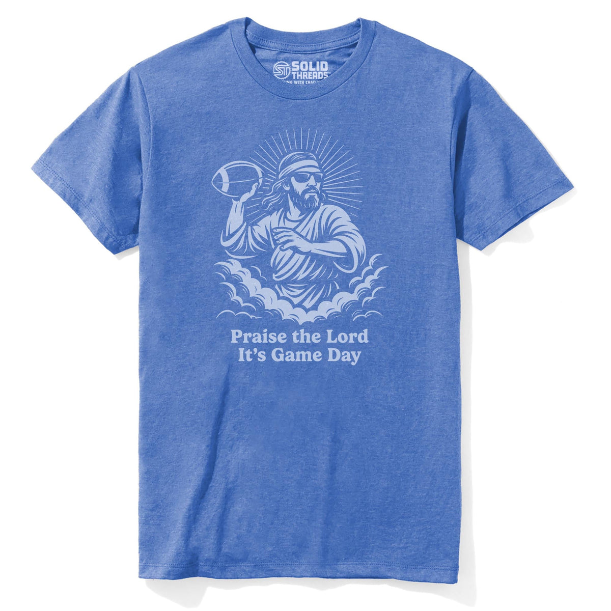 Praise The Lord Its Gameday Funny Staple T-shirt in Royal Heather - Front View