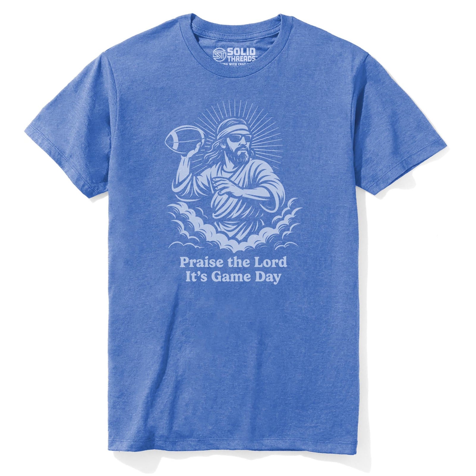 Praise The Lord Its Gameday Funny Staple T-shirt in Royal Heather - Front View