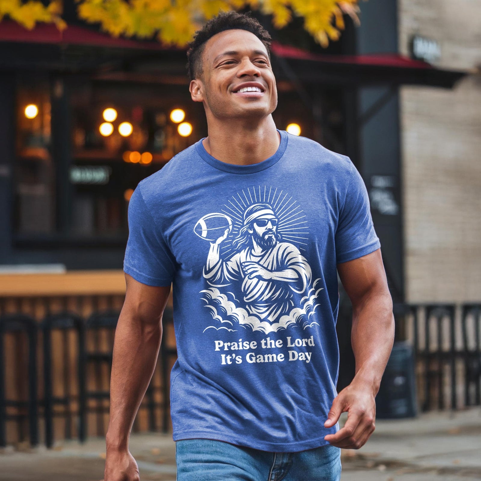 Men's Thank The Lord It's Gameday Funny Football Signature T-Shirt in Royal - Front View