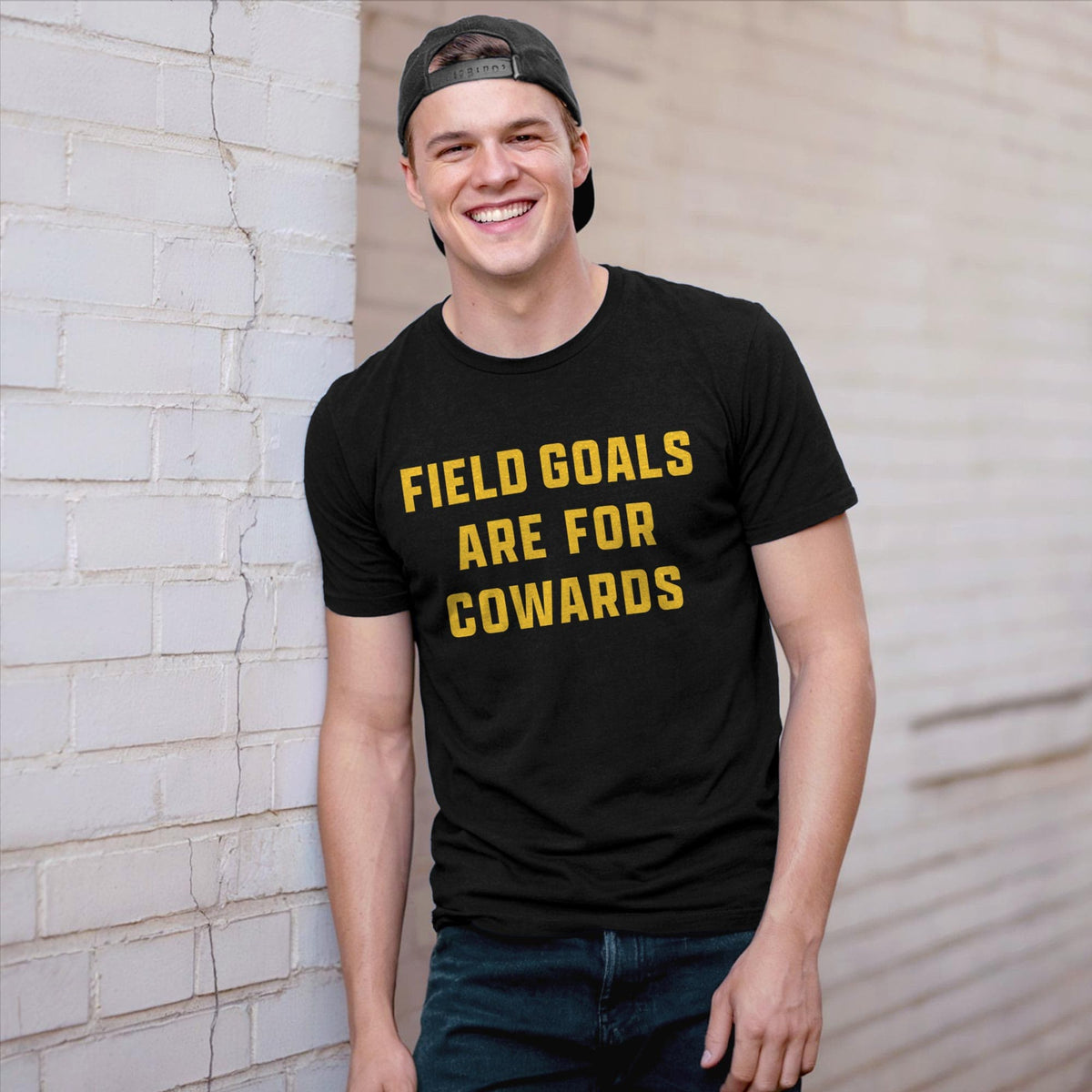 Men's Field Goals Are For Cowards Cool Football Signature T-Shirt in Black On Model - Front View