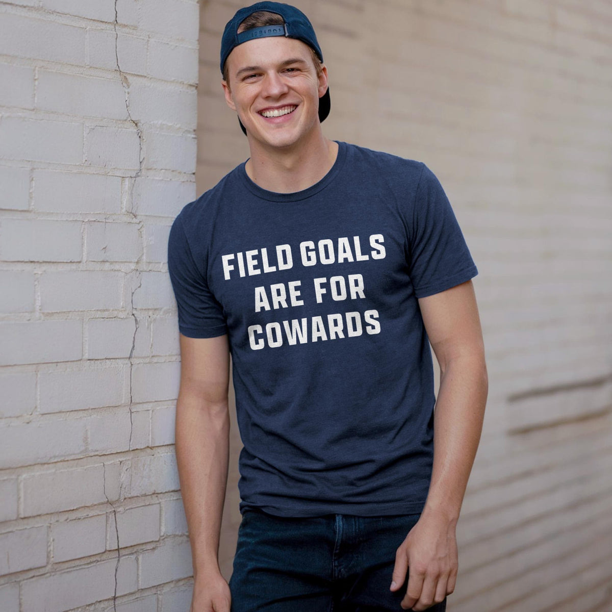 Men's Field Goals Are For Cowards Funny Football Signature T-Shirt in Navy - Front View