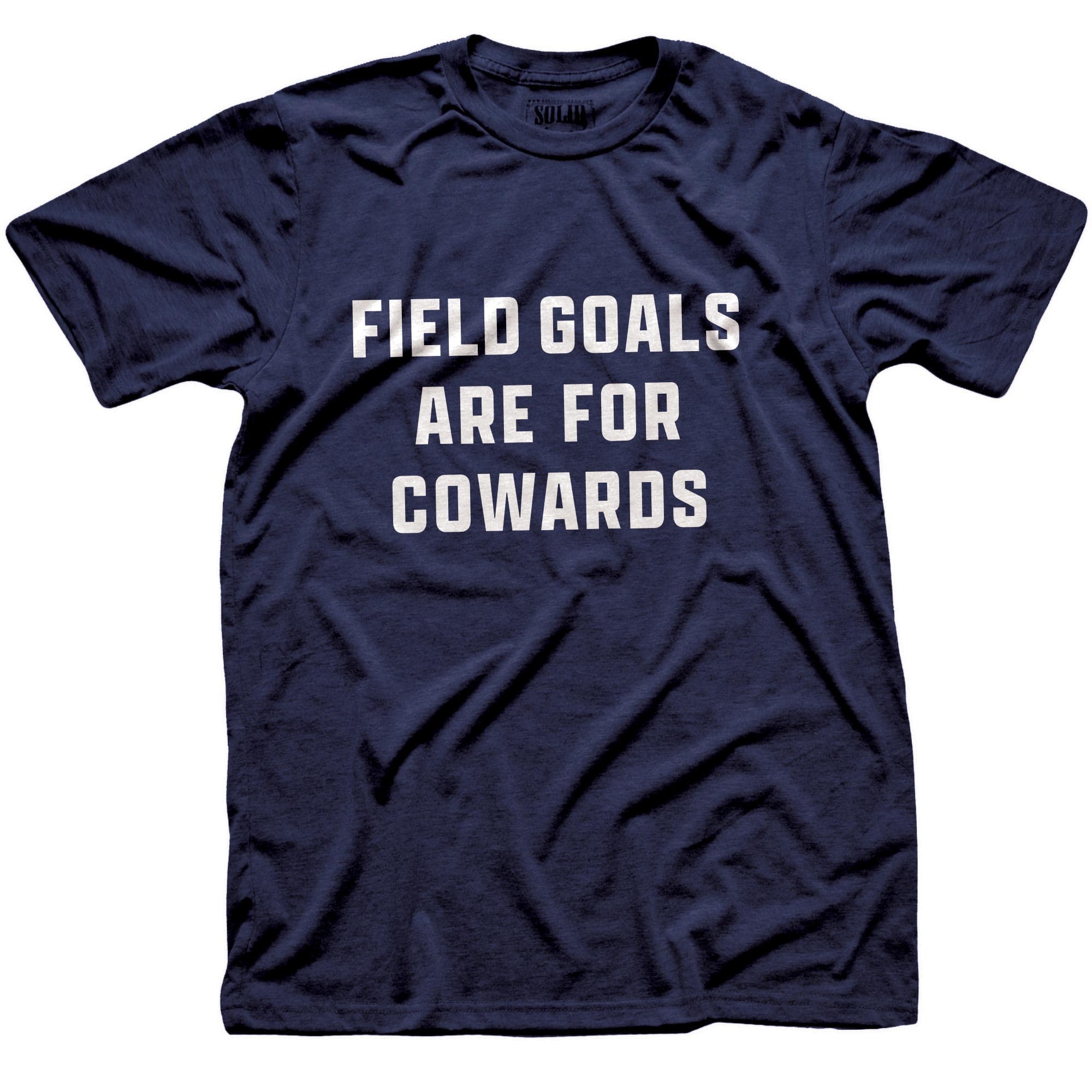 Men's Field Goals Are For Cowards Cool Football Signature T-Shirt in Navy On Model - Front View