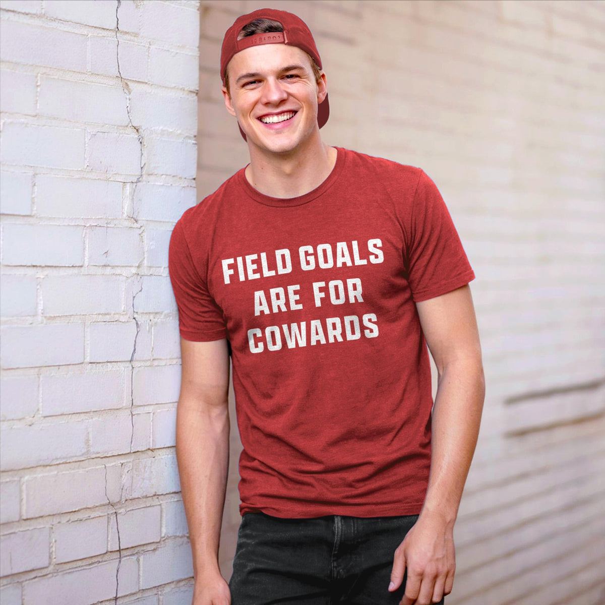 Men's Field Goals Are For Cowards Funny Football Signature T-Shirt in Red - Front View