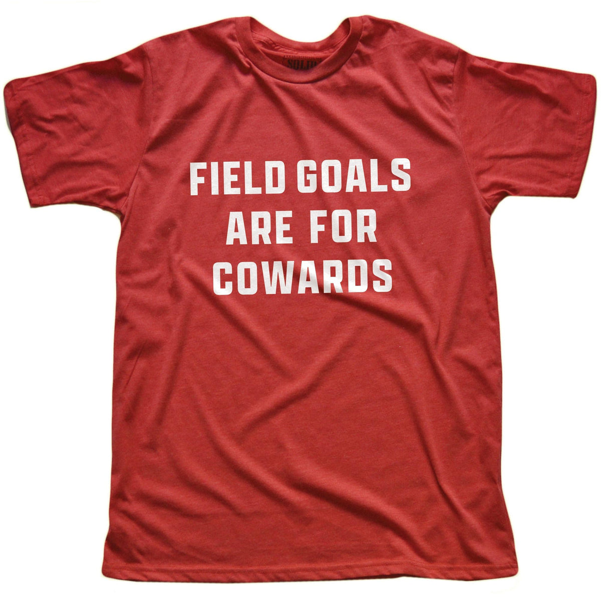 Men's Field Goals Are For Cowards Cool Football Signature T-Shirt in Red On Model - Front View