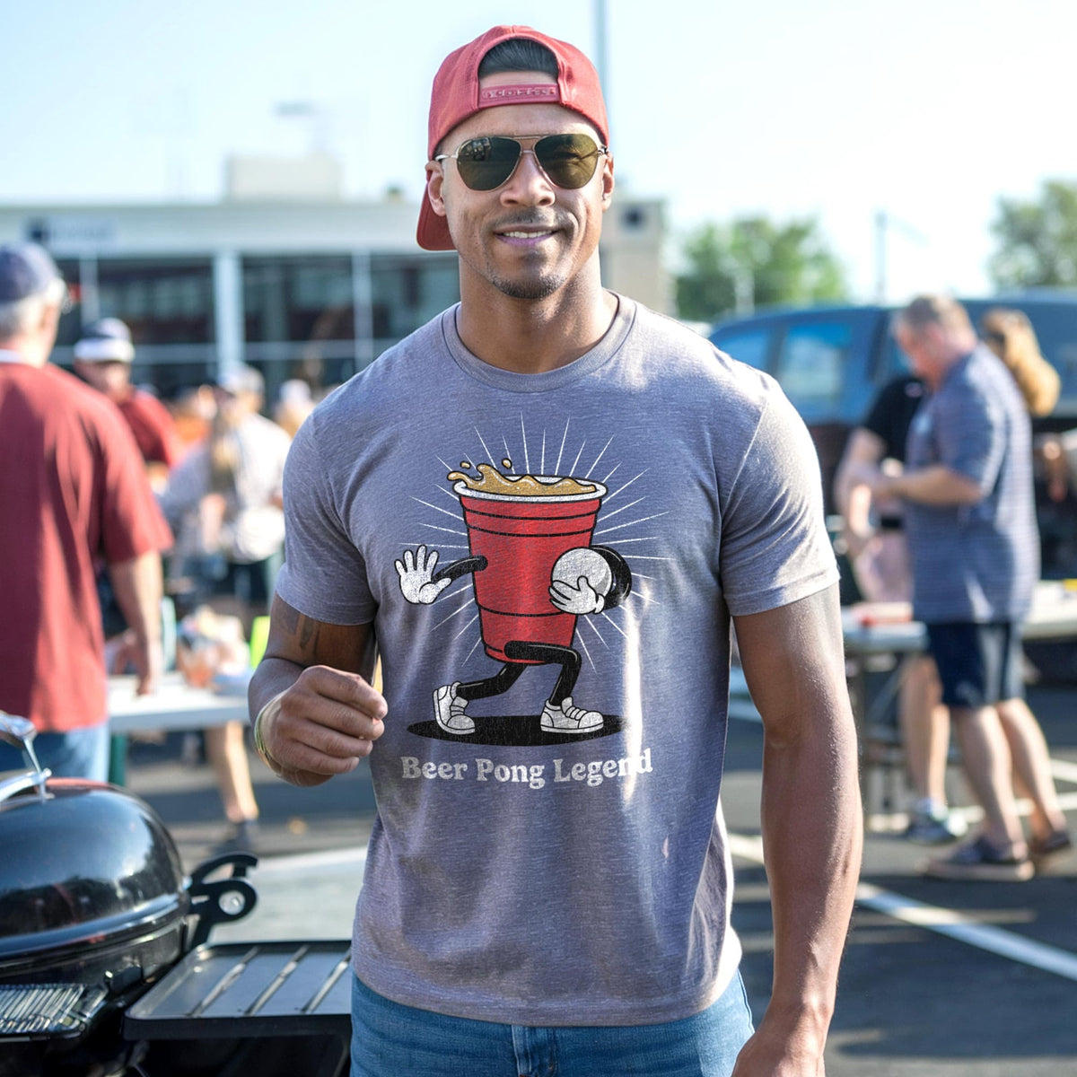Men's Beer Pong Legend Vintage Signature Tailgating T-Shirt in Triblend Grey On Model - Front View