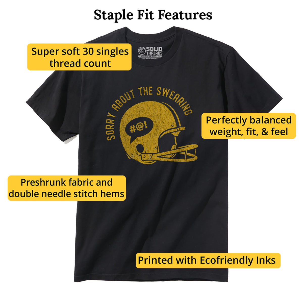 Sorry About Swearing Funny Staple T-shirt in Black - Fit Attributes