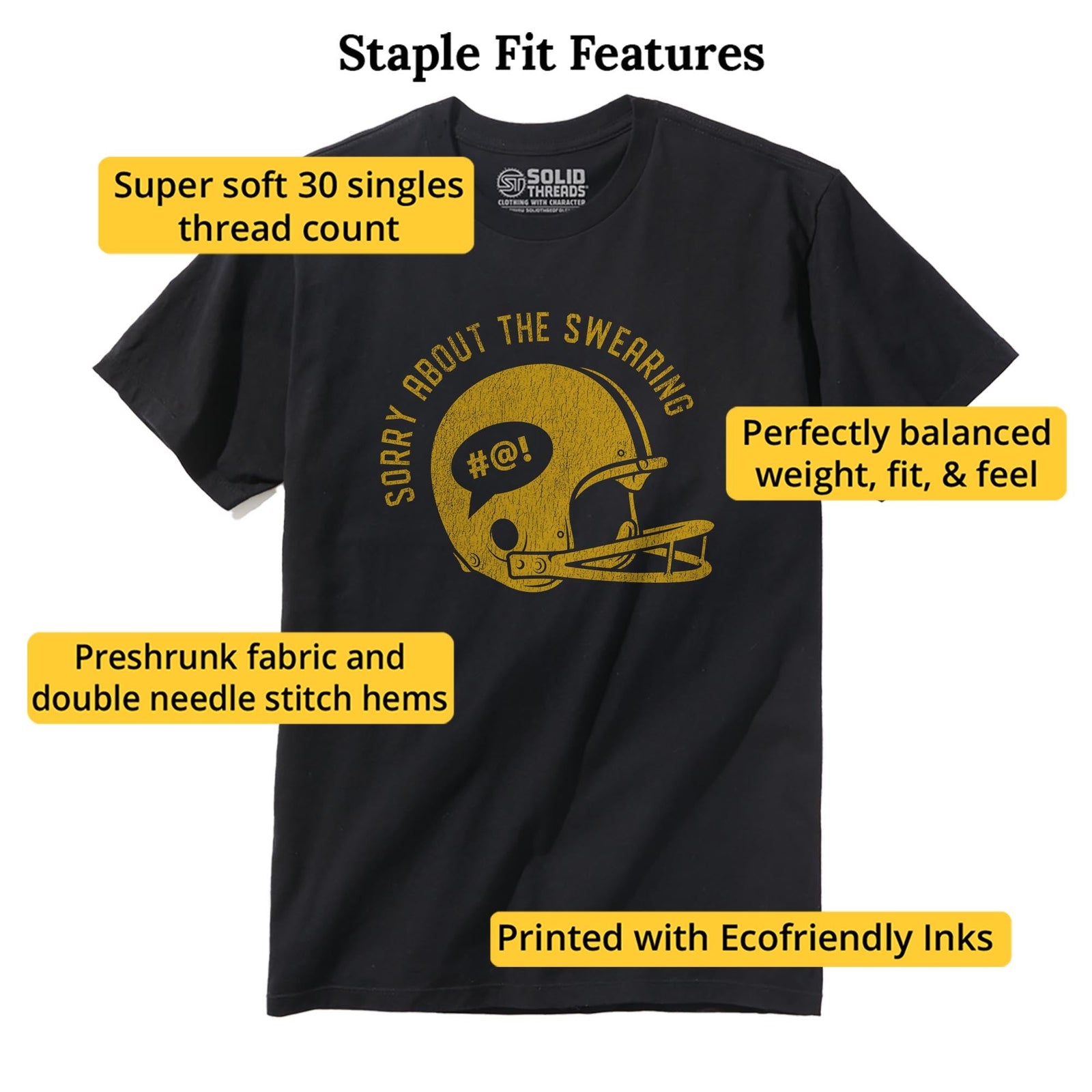 Sorry About Swearing Funny Staple T-shirt in Black - Fit Attributes