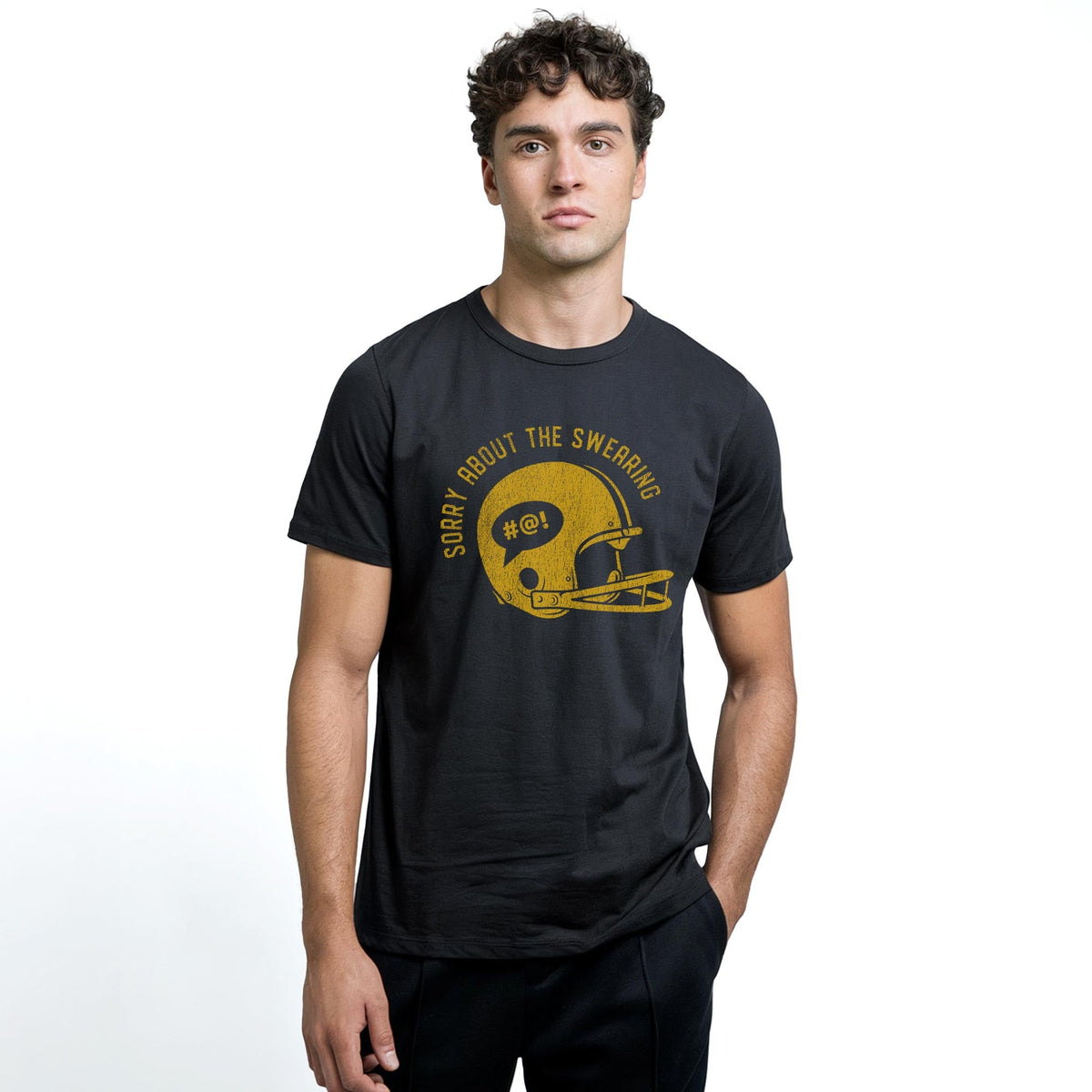 Sorry About Swearing Funny Staple T-shirt in Black On Model - Front View