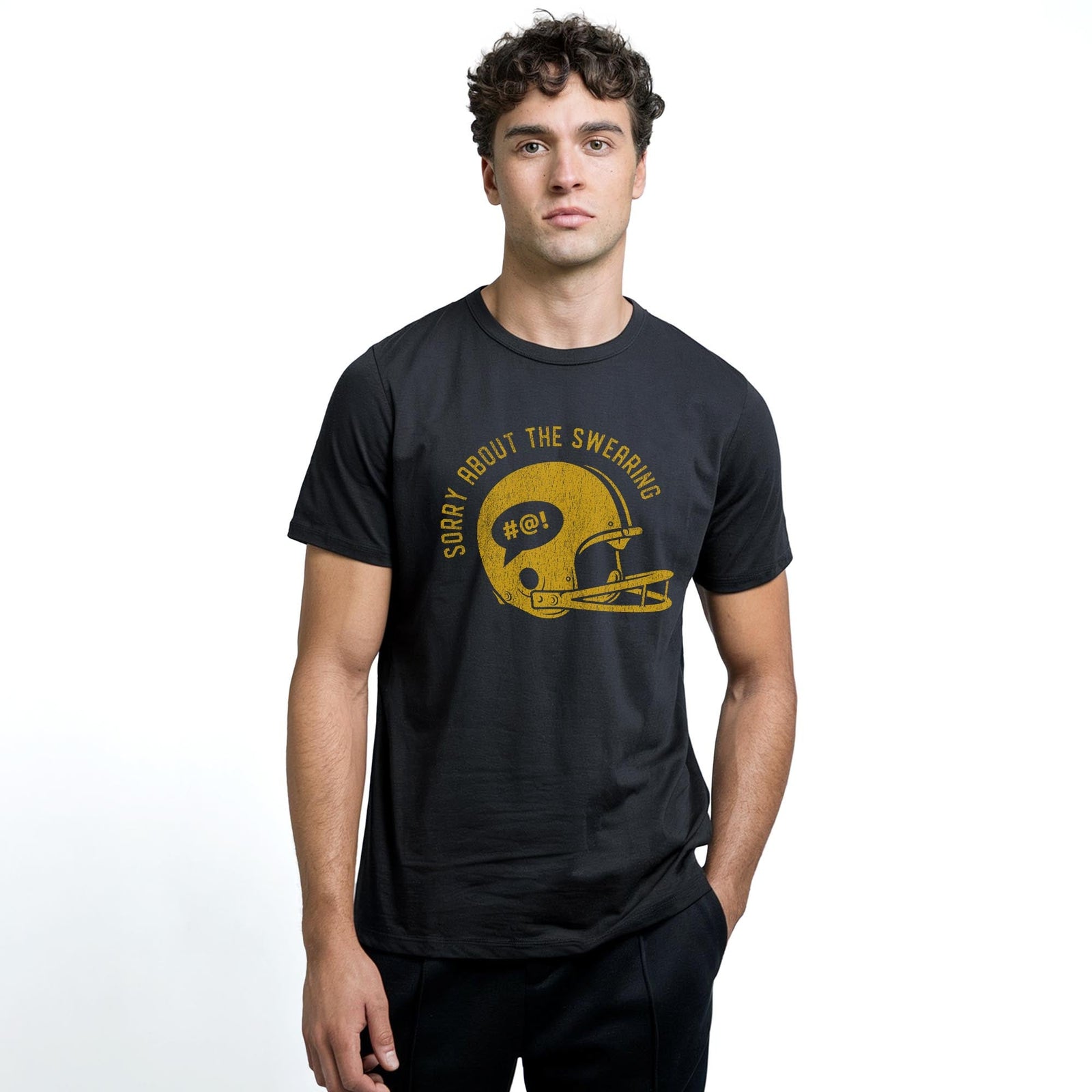 Sorry About Swearing Funny Staple T-shirt in Black On Model - Front View