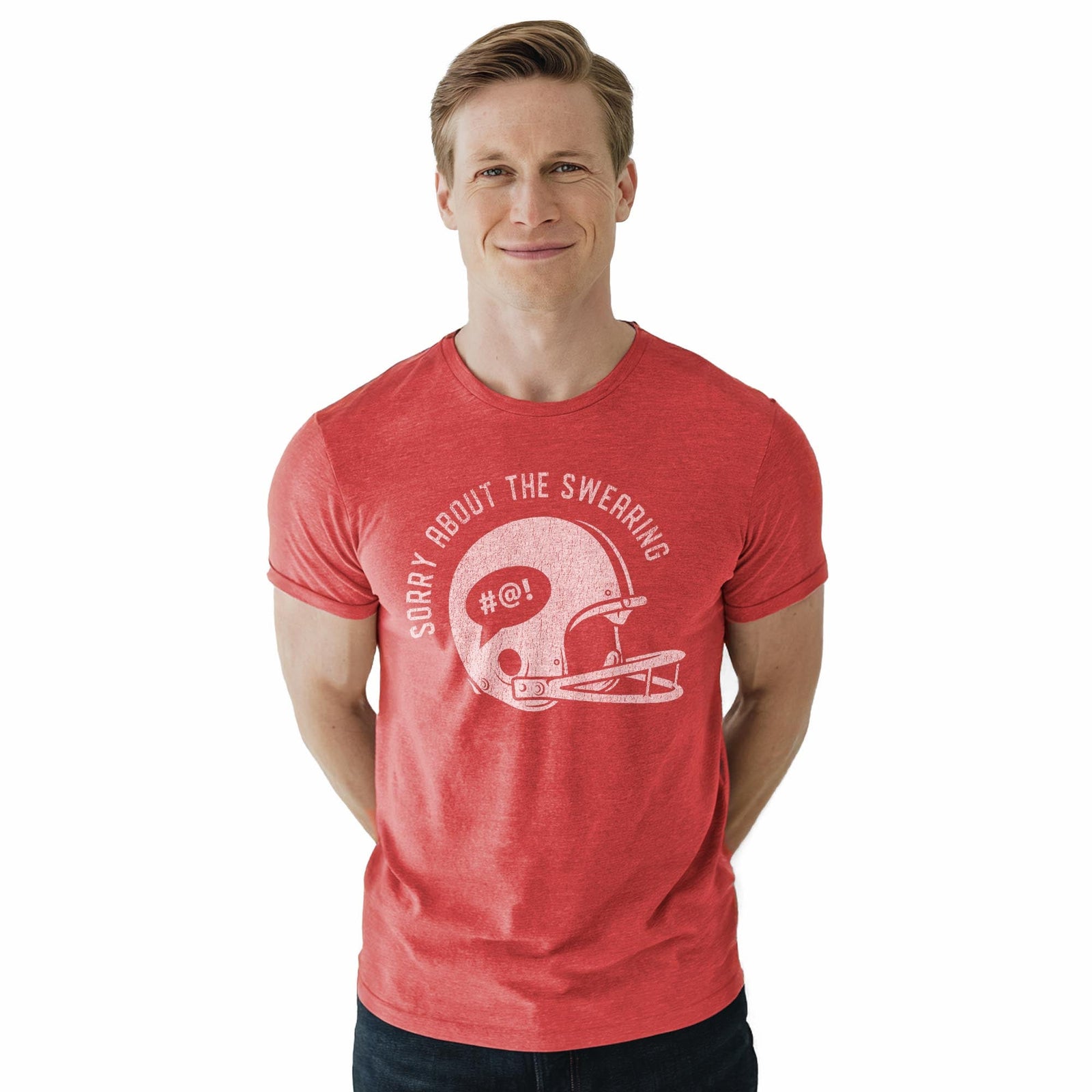 Sorry About Swearing Funny Staple T-shirt in Red Heather On Model - Front View