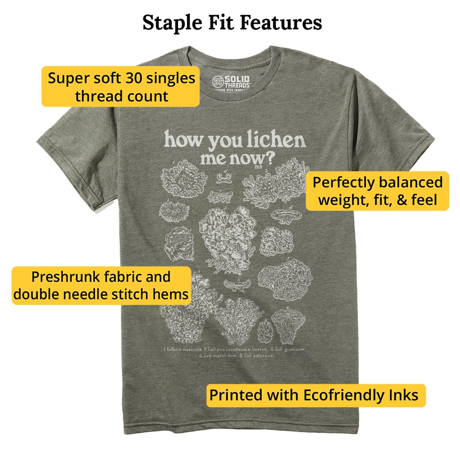 How You Lichen Me Now Funny Staple T-shirt in Olive Heather - Fit Attributes