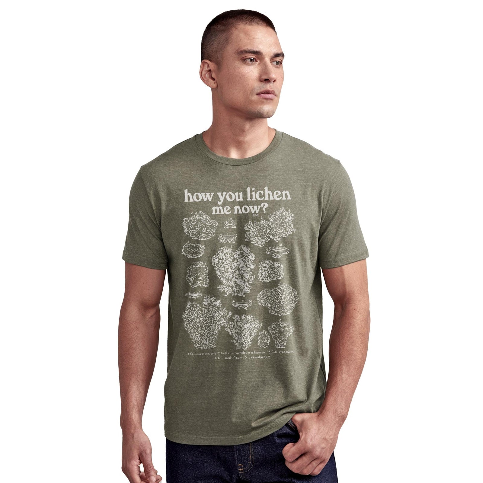 How You Lichen Me Now Funny Staple T-shirt in Olive Heather On Model - Front View