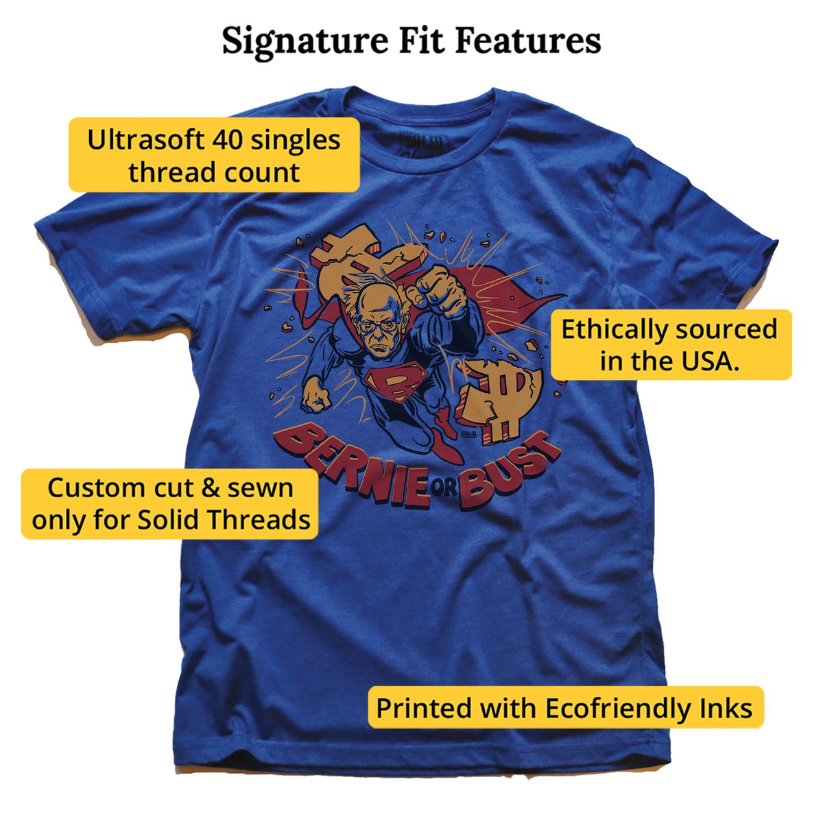Bernie Or Bust Cool Signature T-shirt in Royal - Fit Attributes