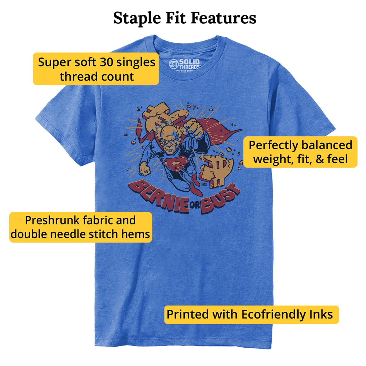 Bernie Or Bust Cool Staple T-shirt in Royal Heather - Fit Attributes