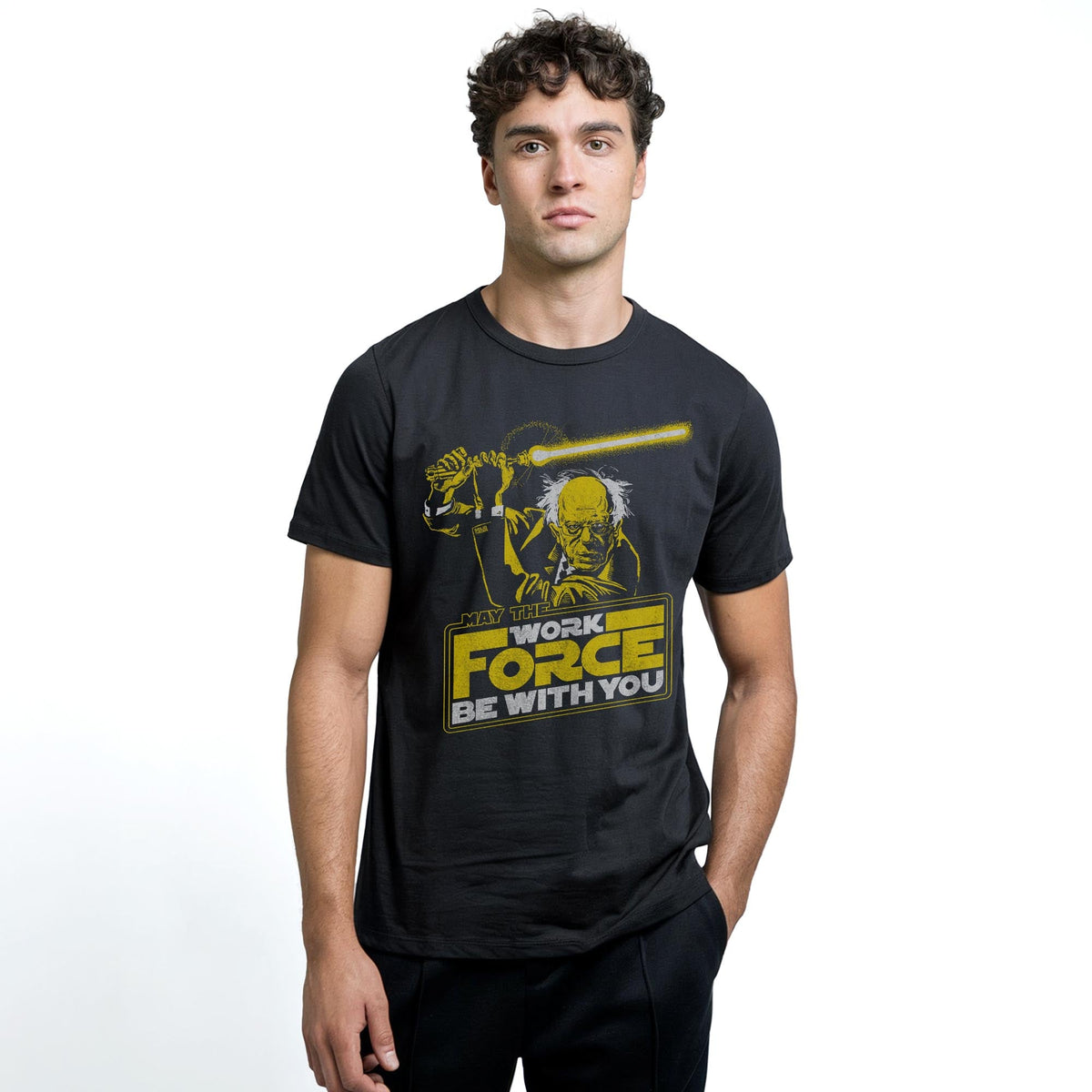 Workforce Bernie Vintage Staple T-shirt in Black On Model - Front View