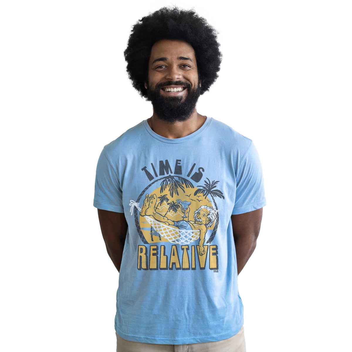 Time Is Relative Retro Staple T-shirt in Light Blue Heather On Model - Front View