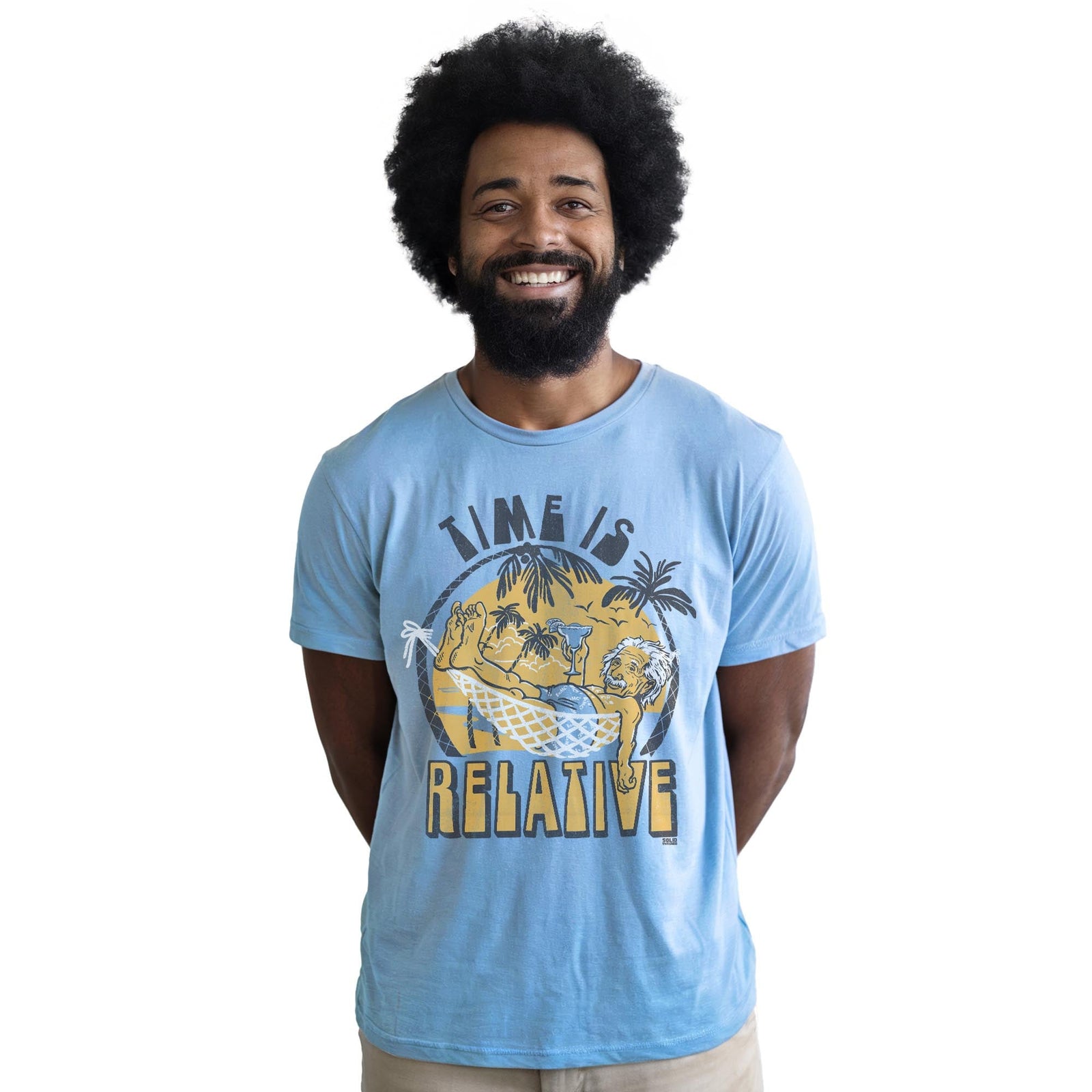 Time Is Relative Retro Staple T-shirt in Light Blue Heather On Model - Front View