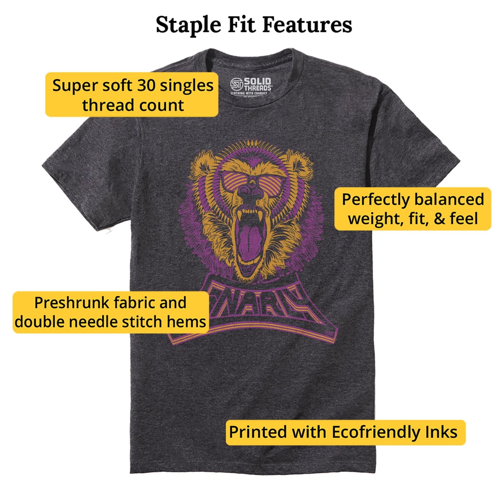 Gnarly Bear Cool Staple T-shirt in Charcoal Heather - Fit Attributes
