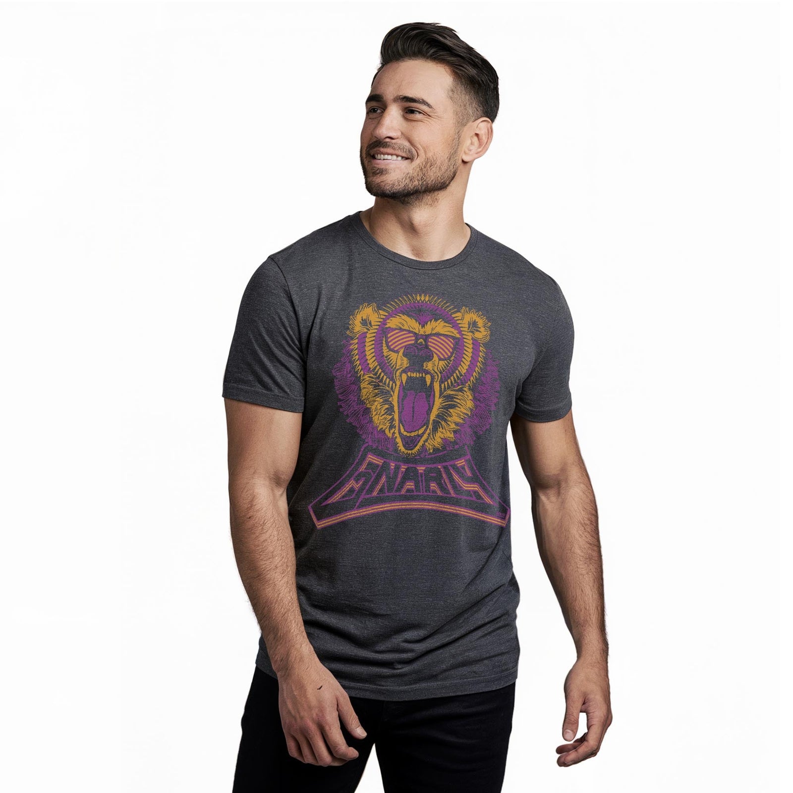 Gnarly Bear Cool Staple T-shirt in Charcoal Heather On Model - Front View