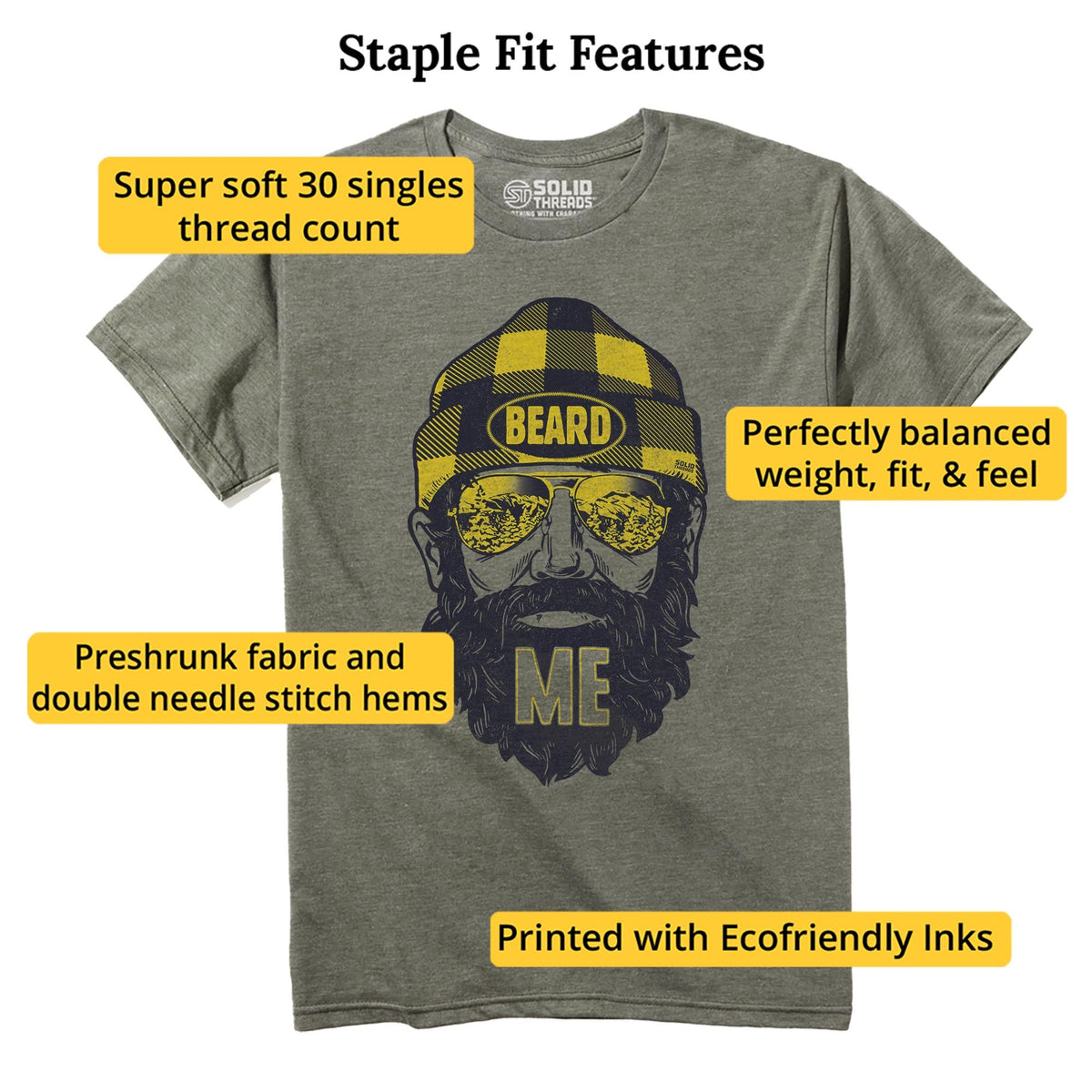 Beard Me Vintage Staple T-shirt in Olive Heather - Fit Attributes