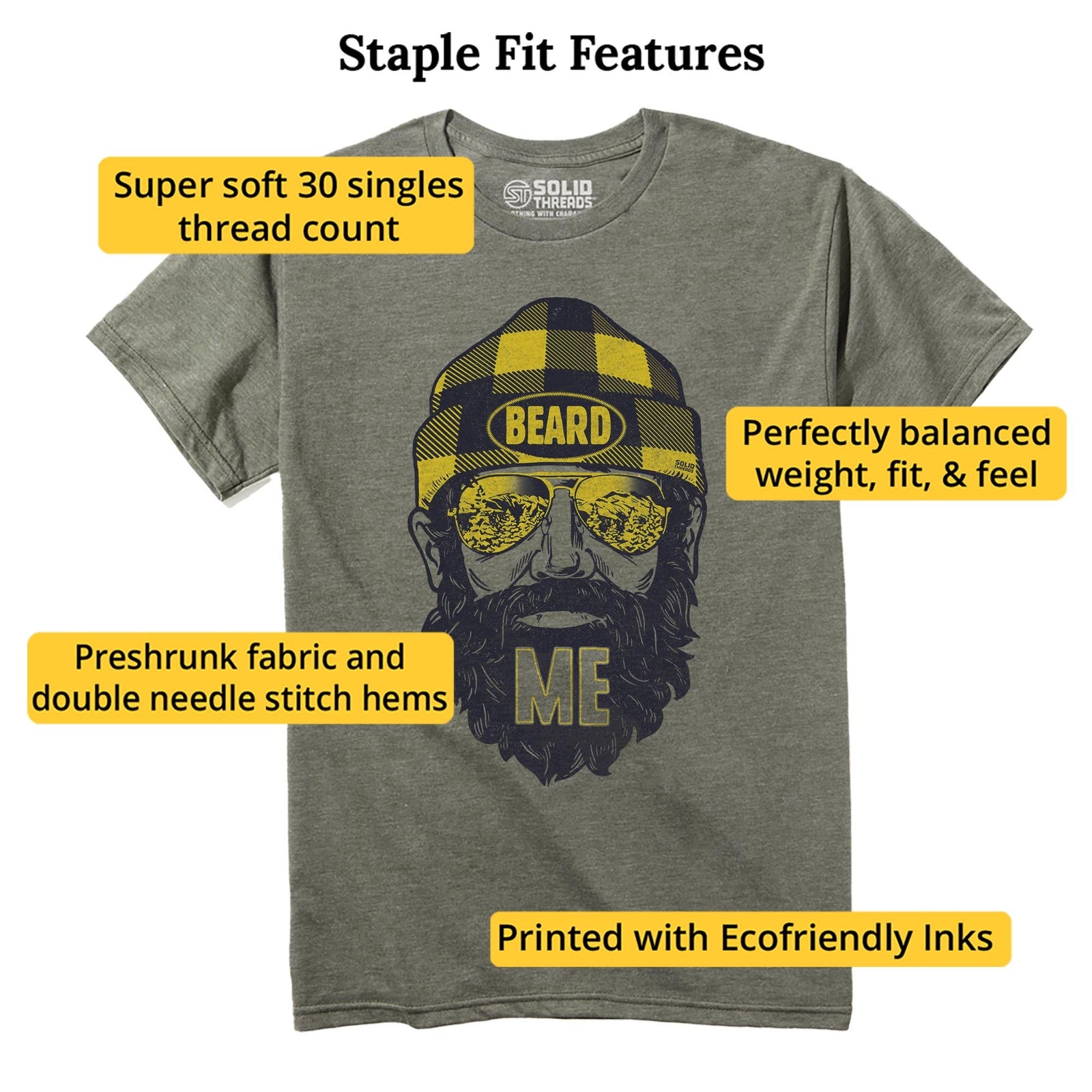 Beard Me Vintage Staple T-shirt in Olive Heather - Fit Attributes