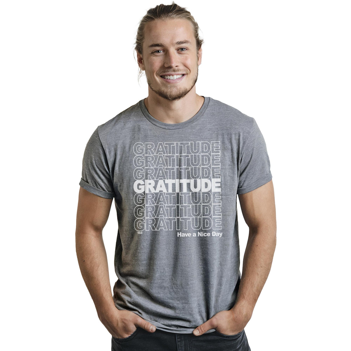 Gratitude Cool Staple T-shirt in Ash Heather On Model - Front View
