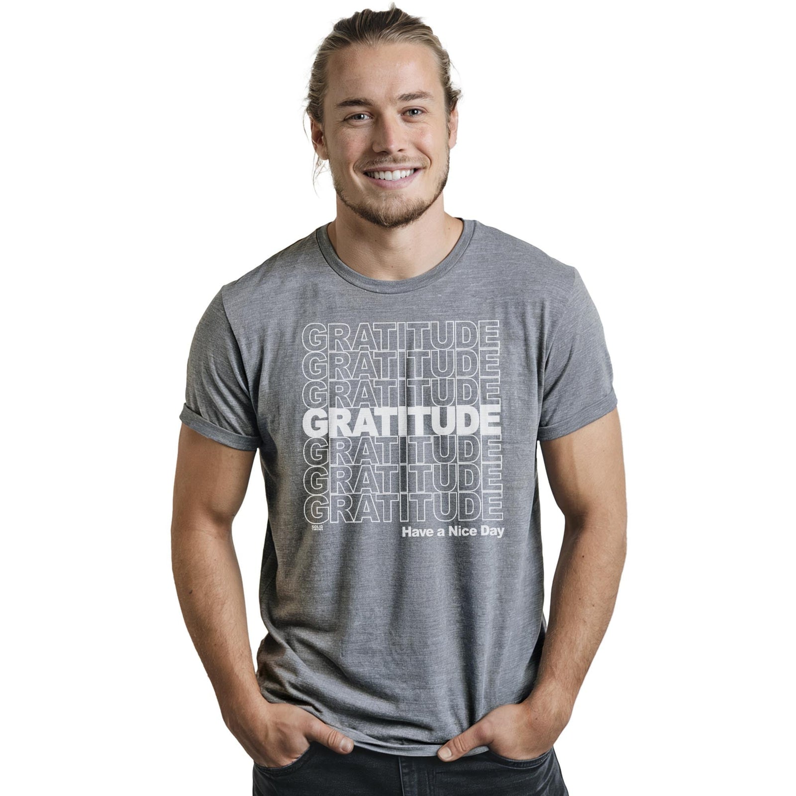 Gratitude Cool Staple T-shirt in Ash Heather On Model - Front View