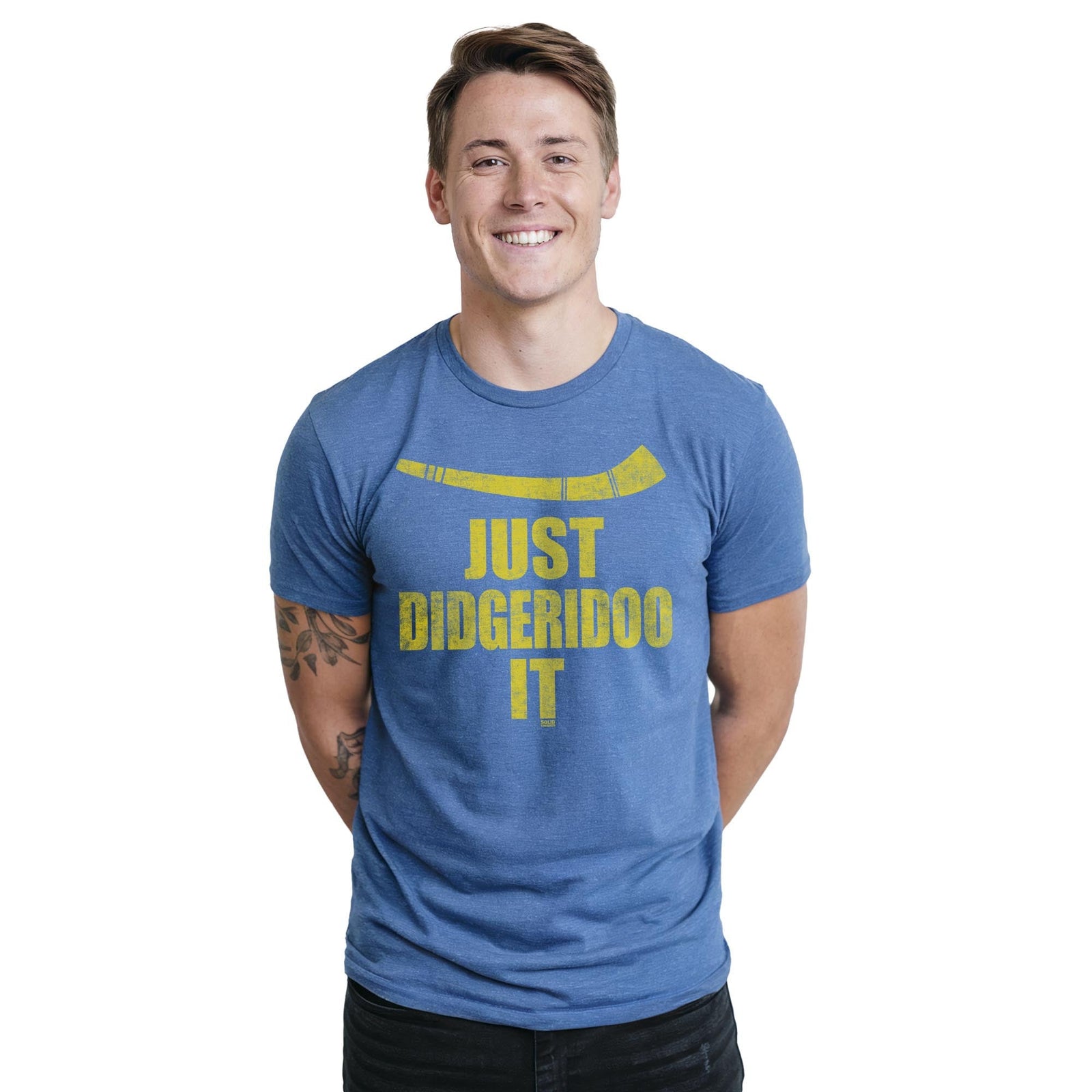 Just Didgeridoo It Vintage Staple T-shirt in Royal Heather On Model - Front View
