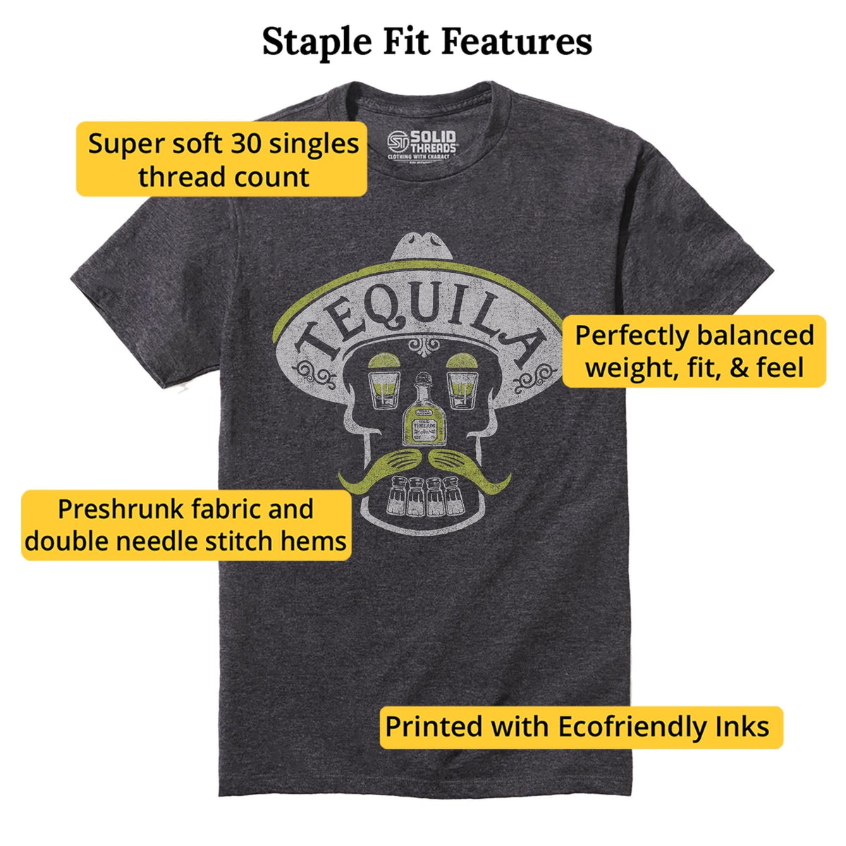 Tequila Skull Vintage Staple T-shirt in Charcoal Heather - Fit Attributes