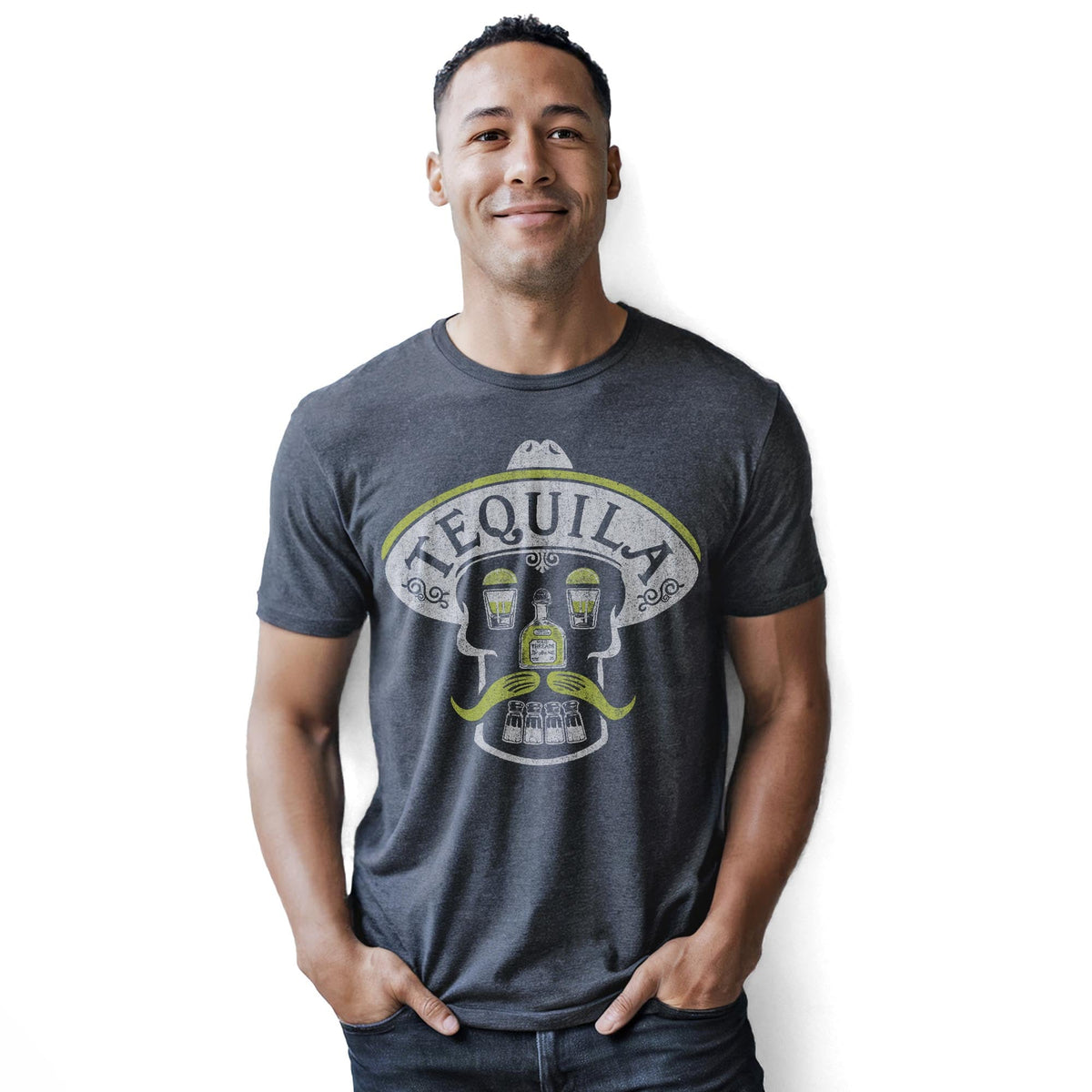 Tequila Skull Vintage Staple T-shirt in Charcoal Heather On Model - Front View