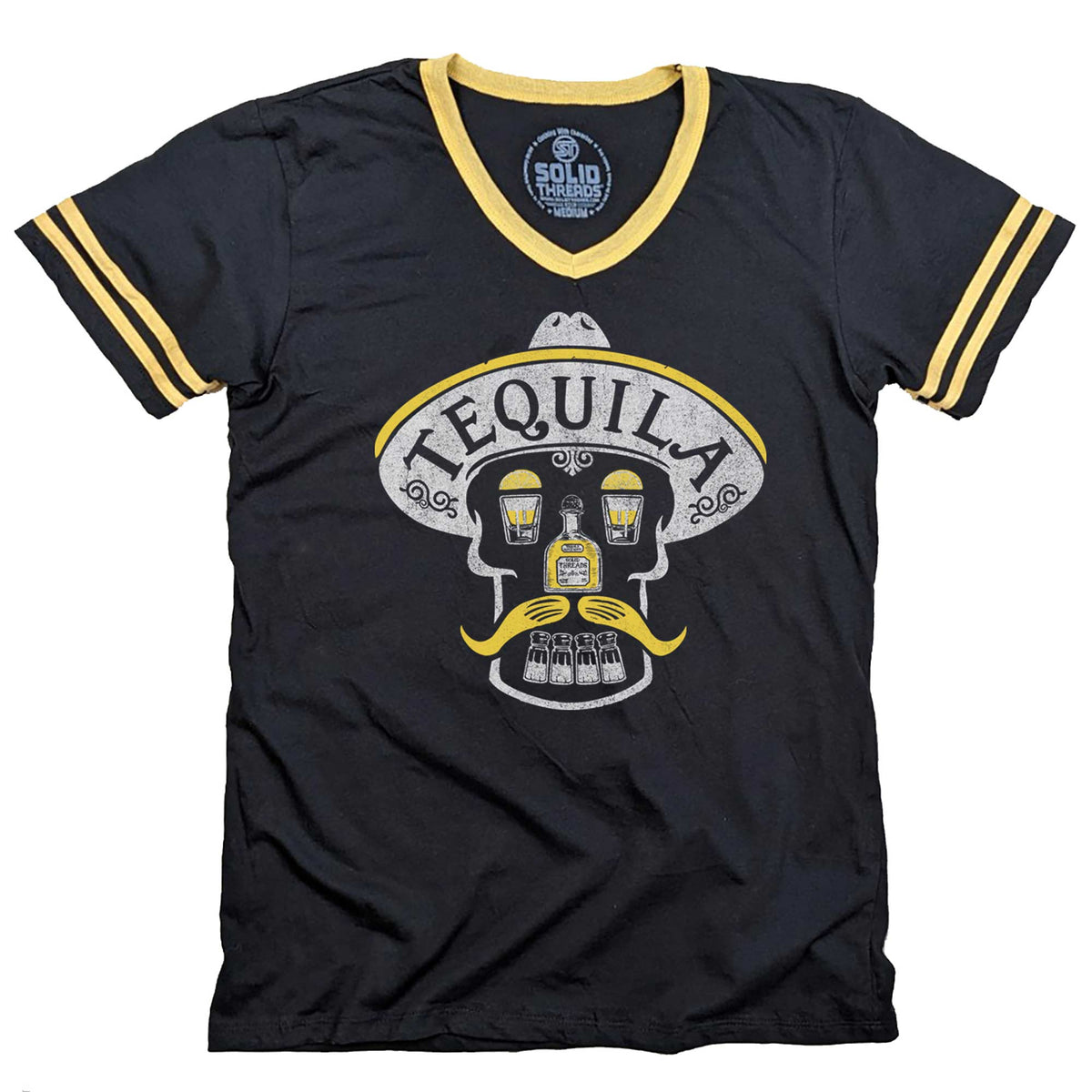 Men&#39;s Tequila Skull Vintage Graphic V-Neck Tee | Cool Drinking T-shirt | Solid Threads