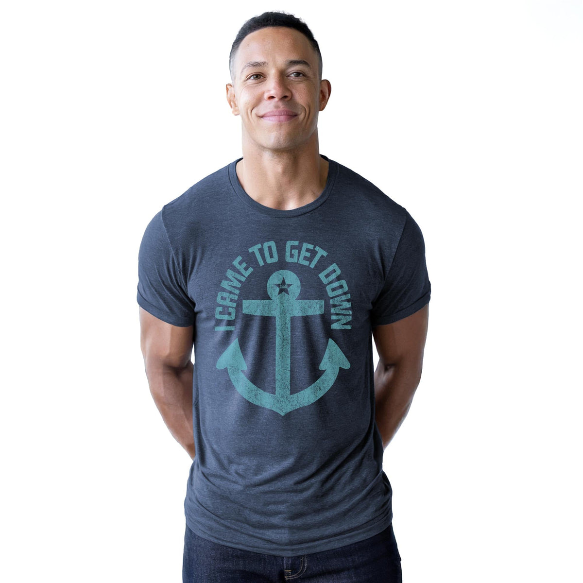 I Came To Get Down Vintage Staple T-shirt in Navy Heather On Model - Front View