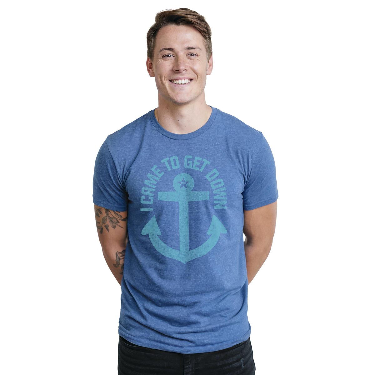I Came To Get Down Vintage Staple T-shirt in Royal Heather On Model - Front View