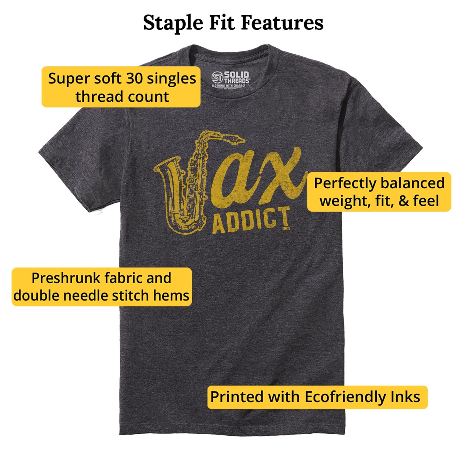 Sax Addict Cool Staple T-shirt in Charcoal Heather - Fit Attributes