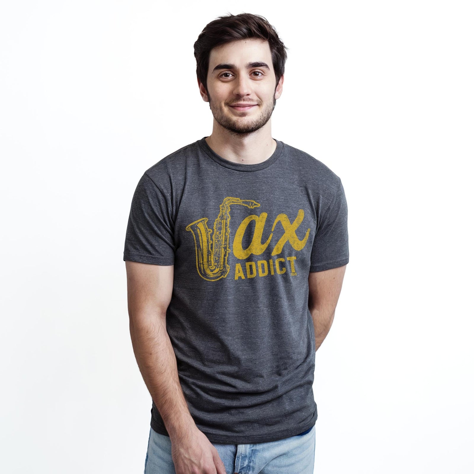 Sax Addict Cool Staple T-shirt in Charcoal Heather On Model - Front View