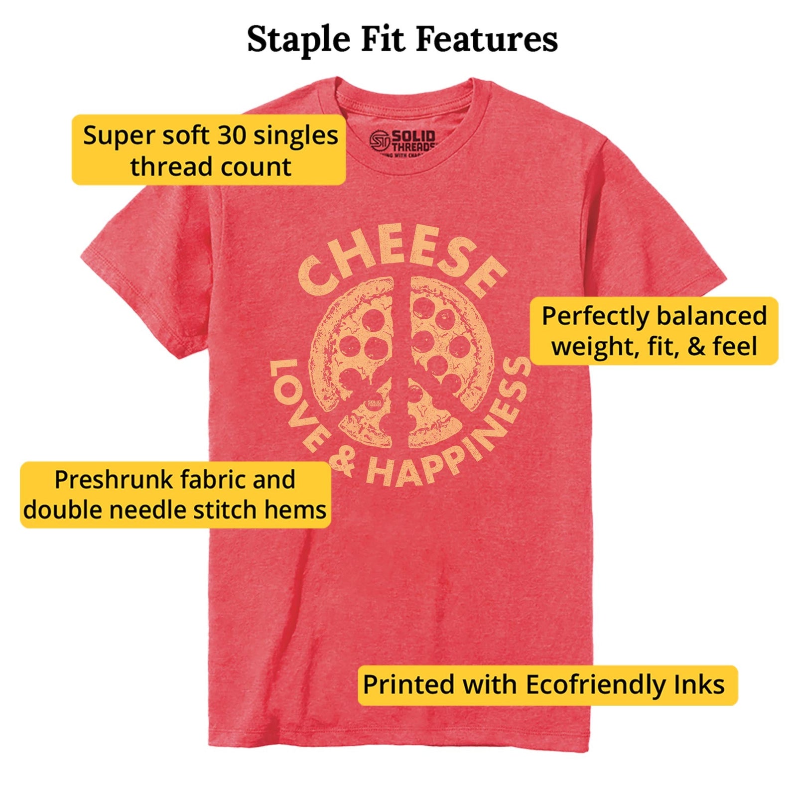 Cheese Love & Happiness Funny Staple T-shirt in Red Heather - Fit Attributes