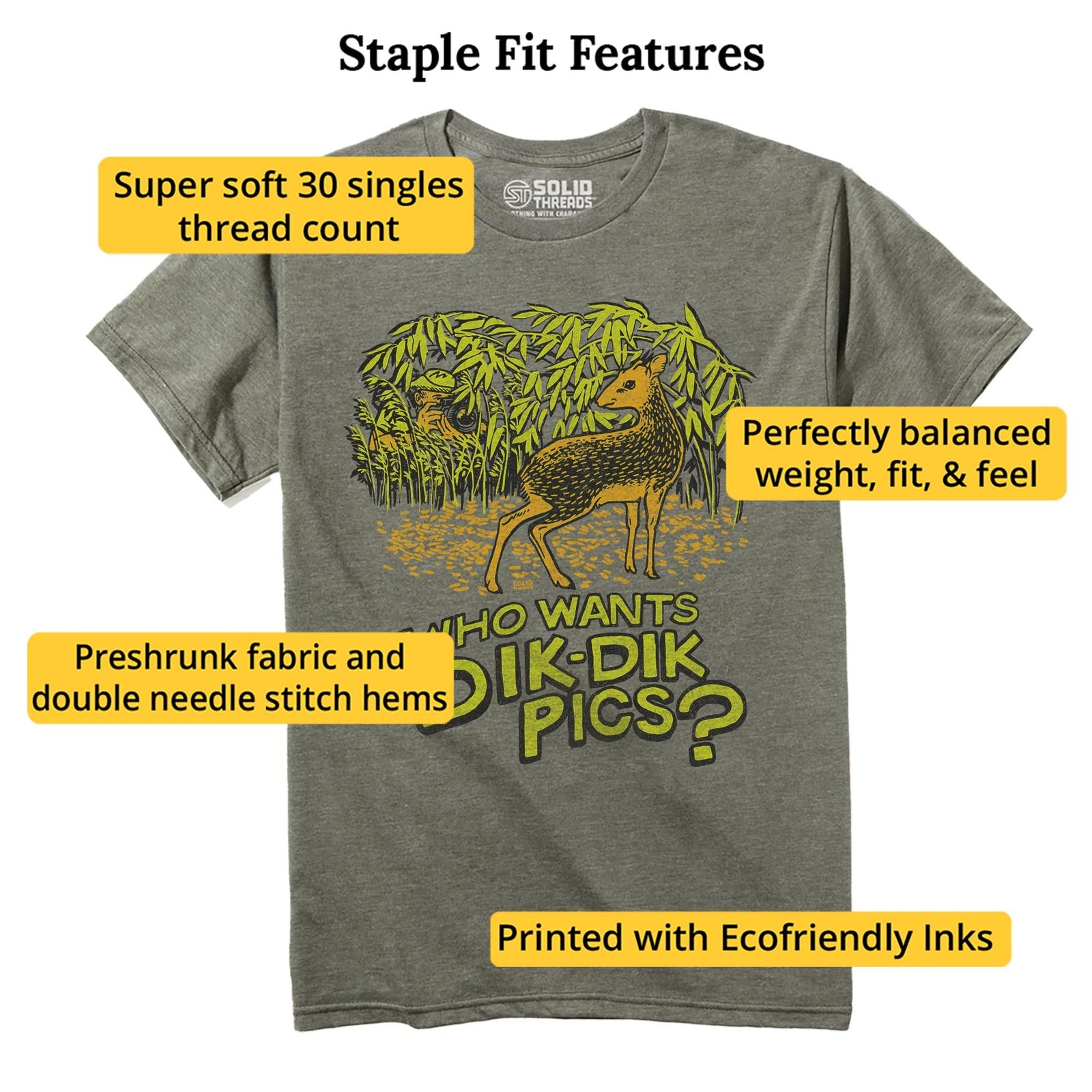 Who Wants Dik Dik Pics Vintage Staple T-shirt in Olive Heather - Fit Attributes