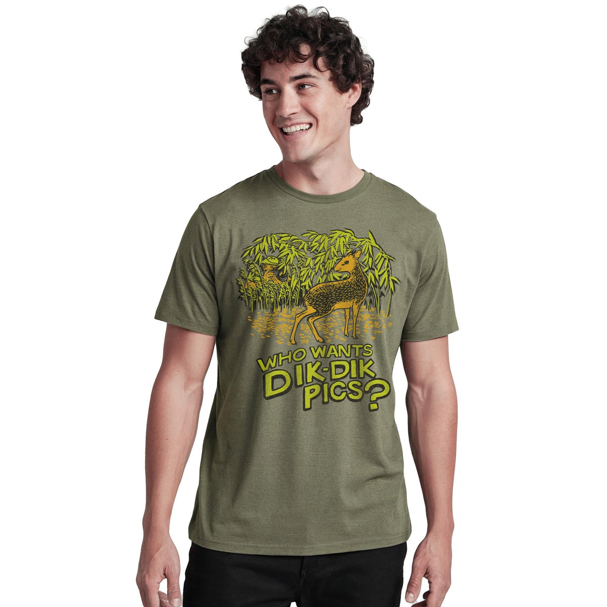 Who Wants Dik Dik Pics Vintage Staple T-shirt in Olive Heather On Model - Front View
