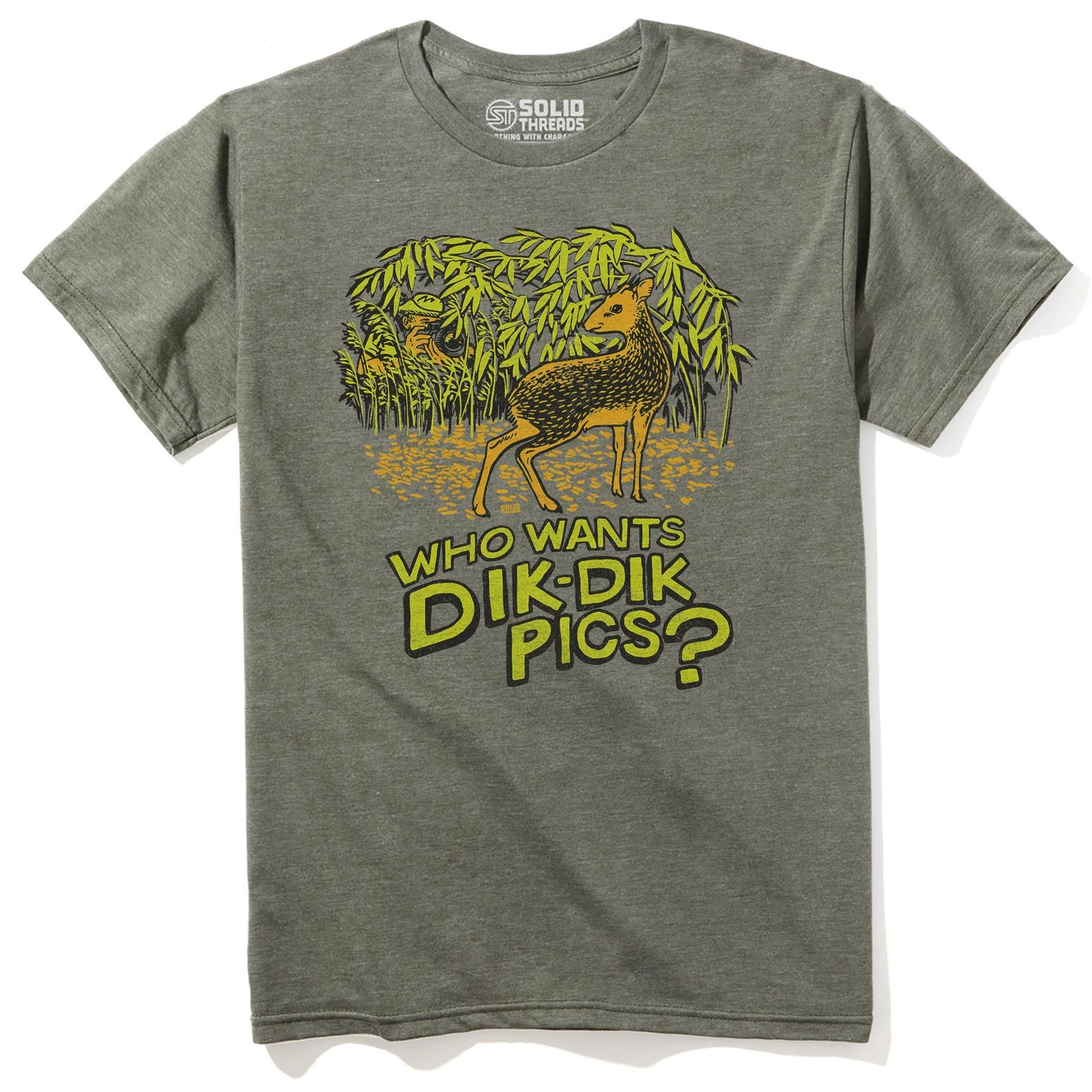 Who Wants Dik Dik Pics Vintage Staple T-shirt in Olive Heather - Front View