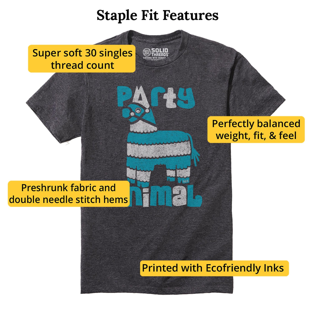 Party Animal Vintage Staple T-shirt in Charcoal Heather - Fit Attributes