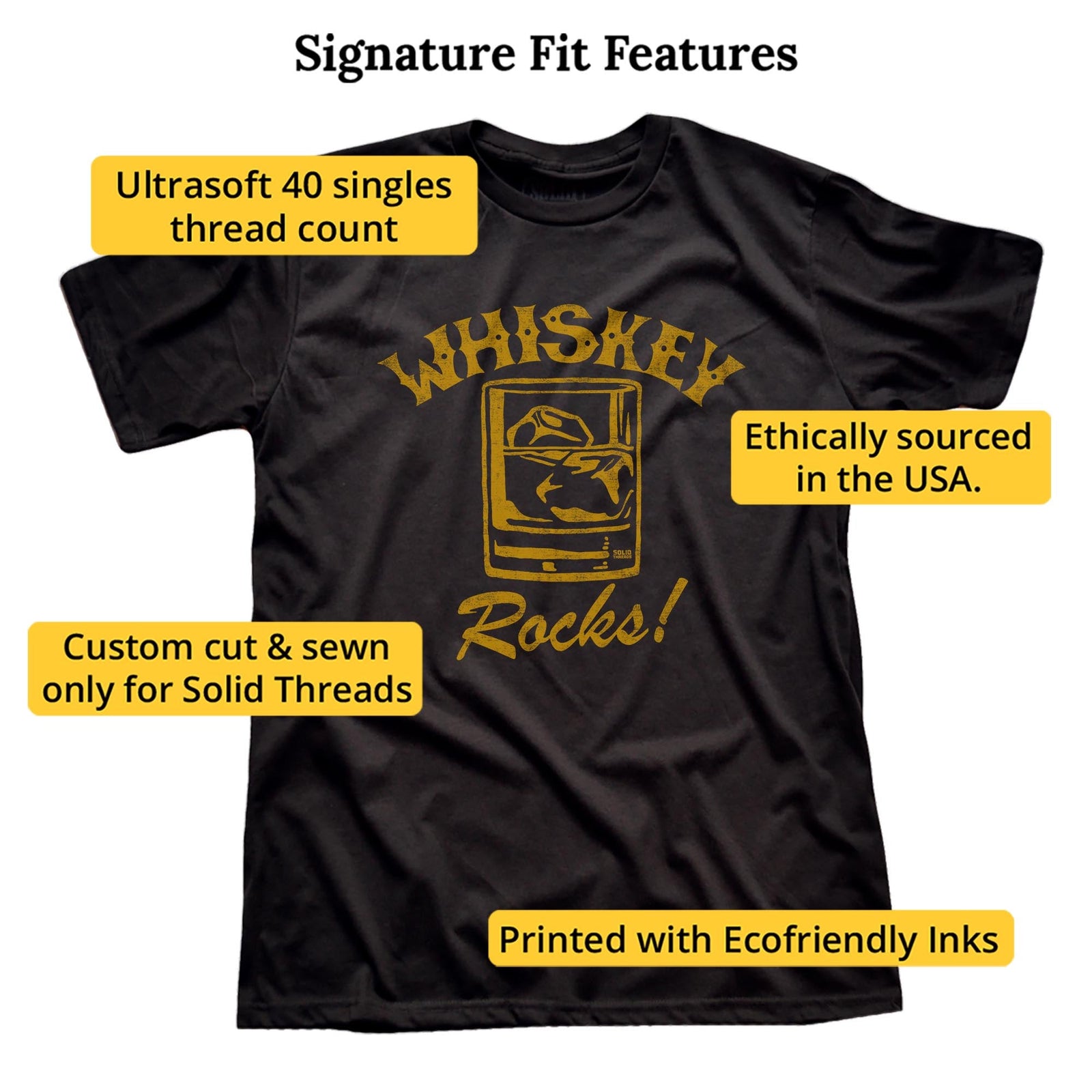 Whiskey Rocks Vintage Signature T-shirt in Black - Fit Attributes
