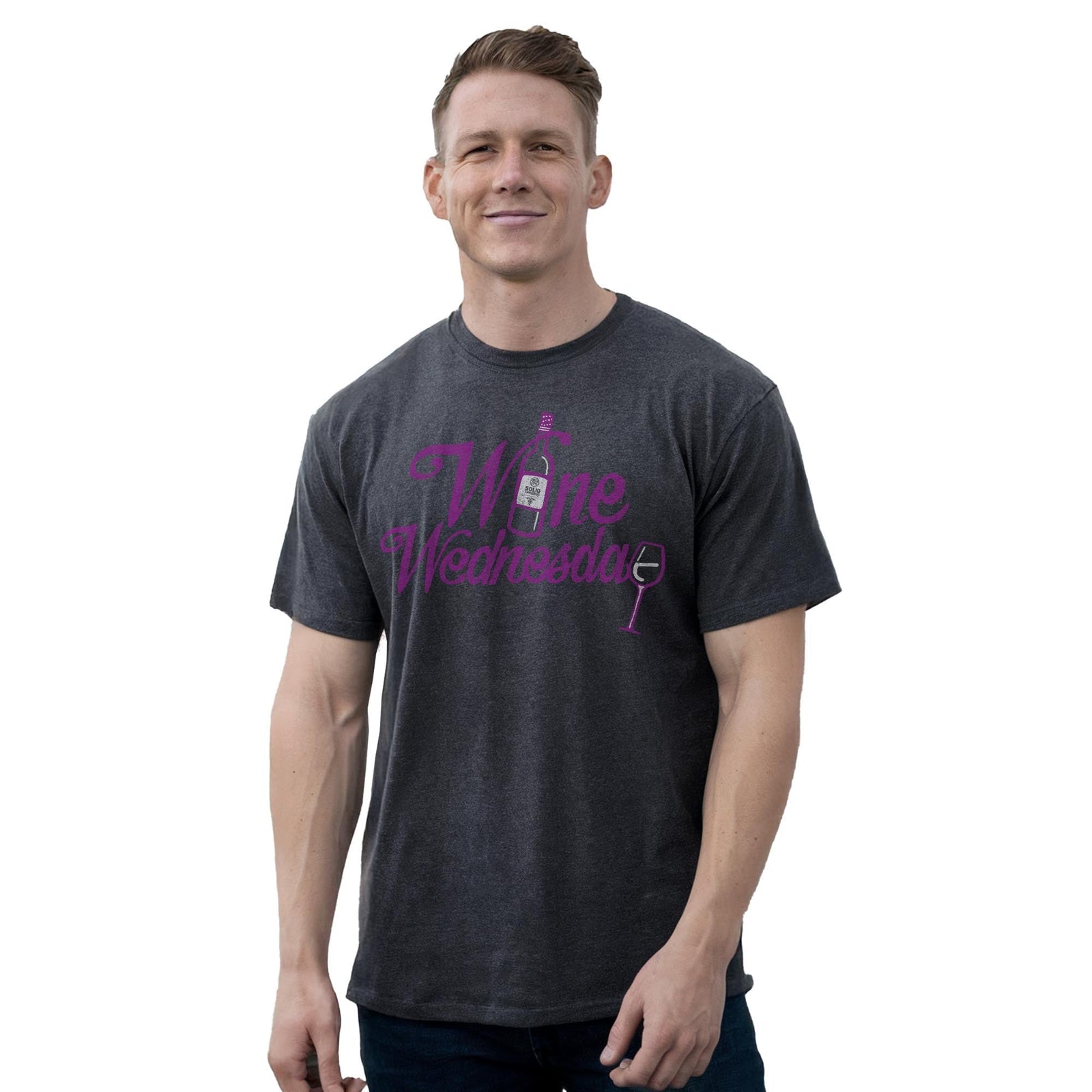 Wine Wednesday Cool Staple T-shirt in Charcoal Heather On Model - Front View