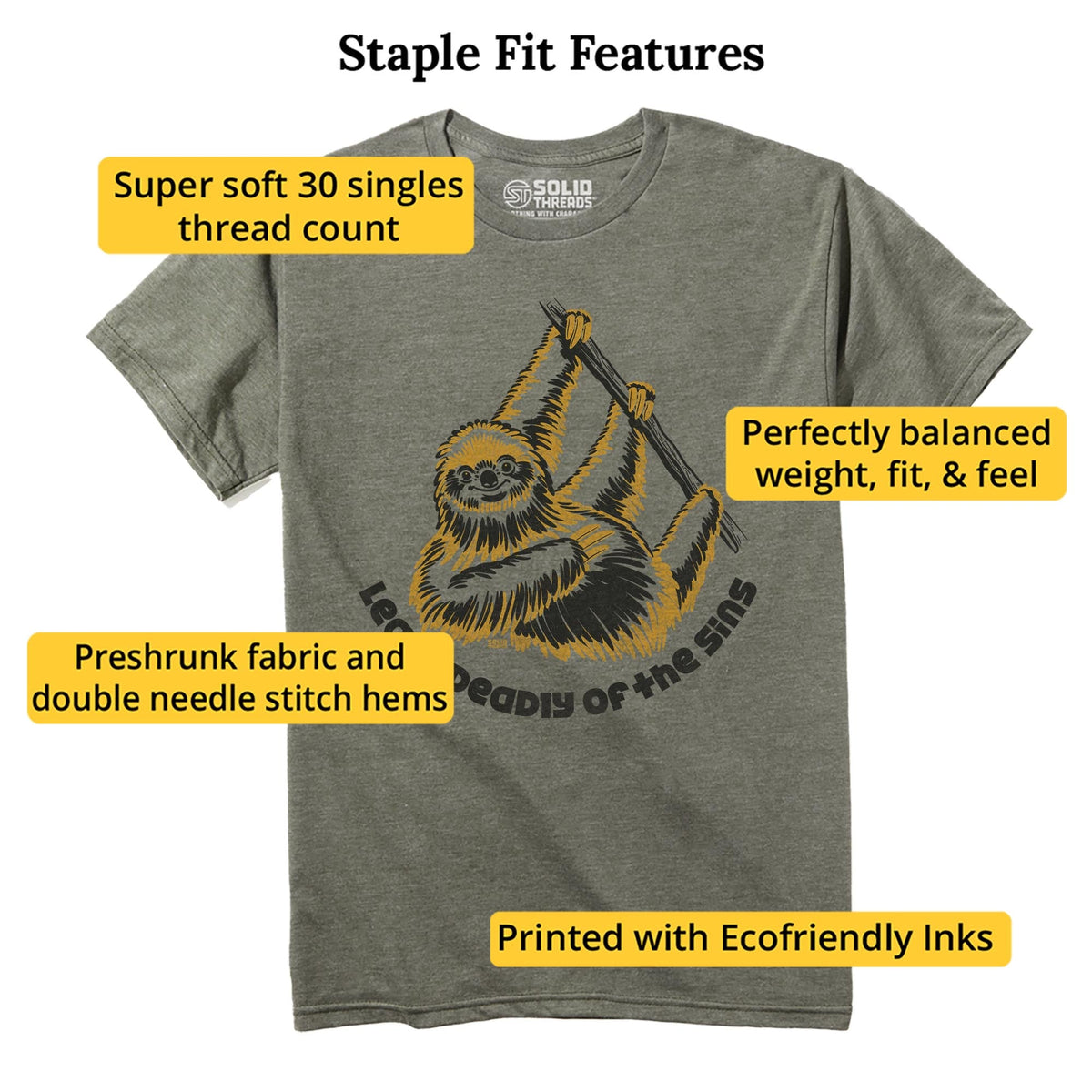 Least Deadly Of The Sins Sloth Vintage Staple T-shirt in Olive Heather - Fit Attributes