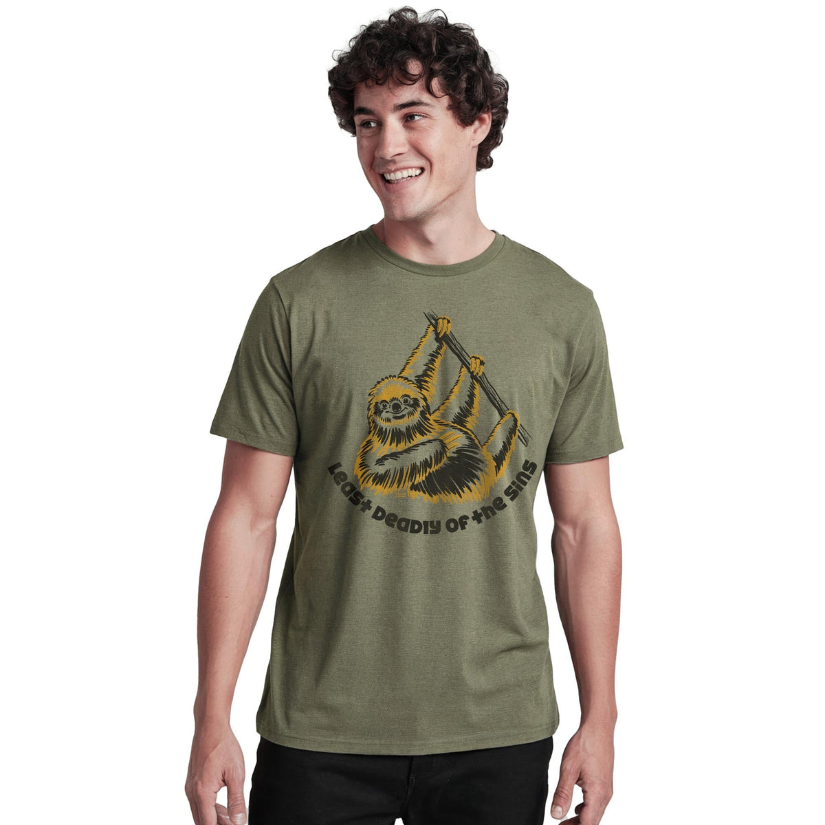 Least Deadly Of The Sins Sloth Vintage Staple T-shirt in Olive Heather On Model - Front View