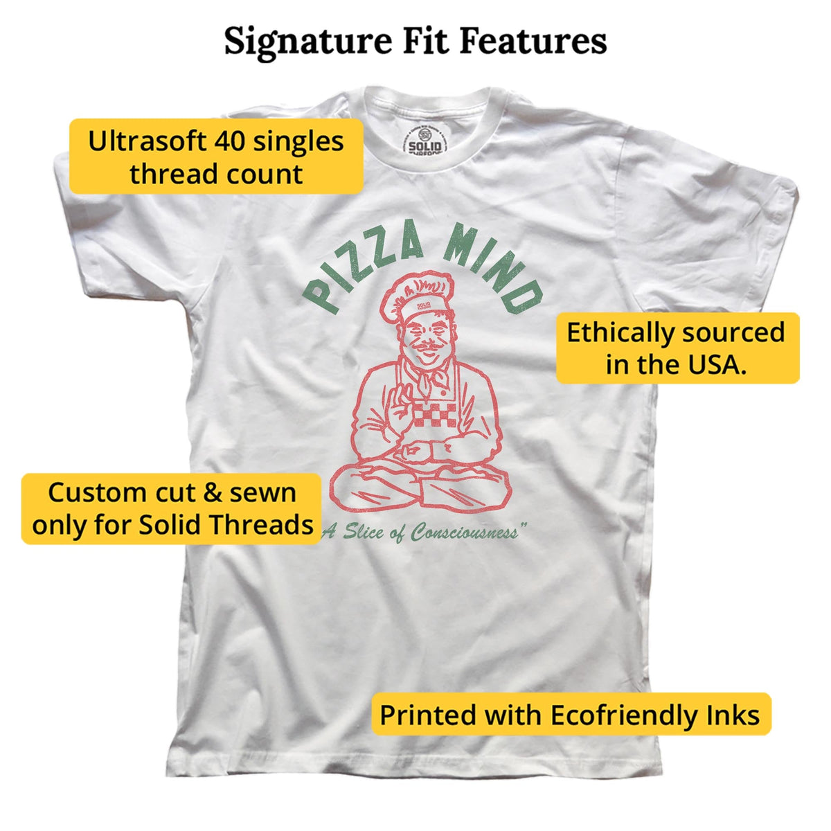 Pizza Mind Vintage Signature T-shirt in White - Fit Attributes