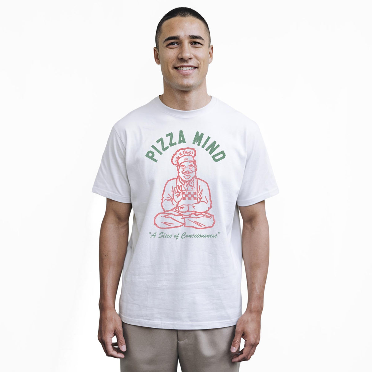 Pizza Mind Vintage Staple T-shirt in White On Model - Front View