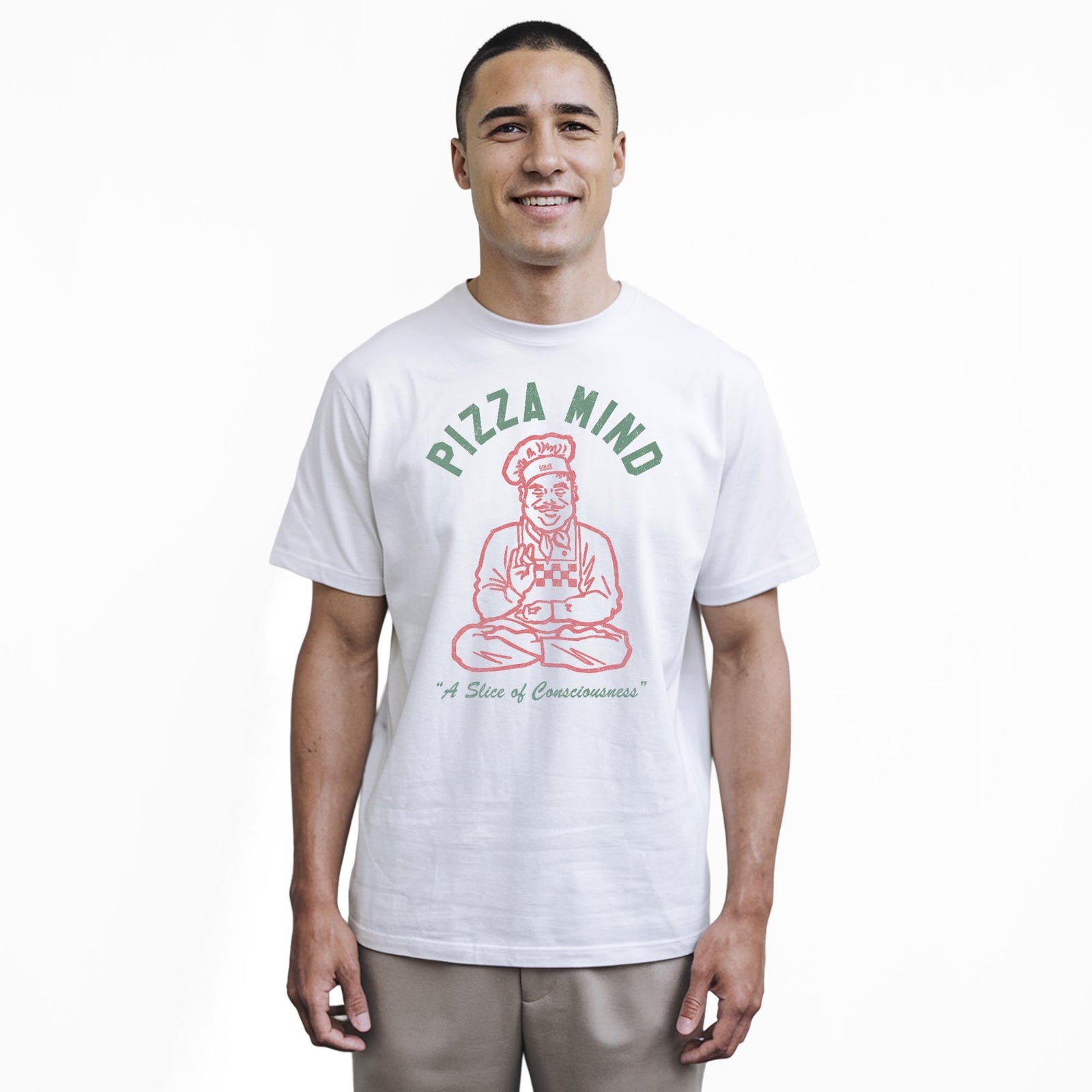 Pizza Mind Vintage Staple T-shirt in White On Model - Front View