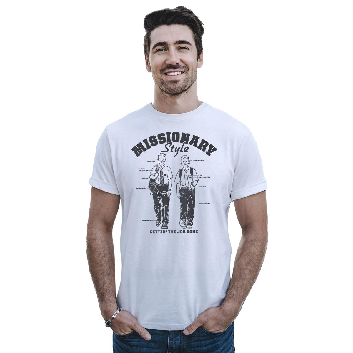 Missionary Style Vintage Staple T-shirt in White On Model - Front View