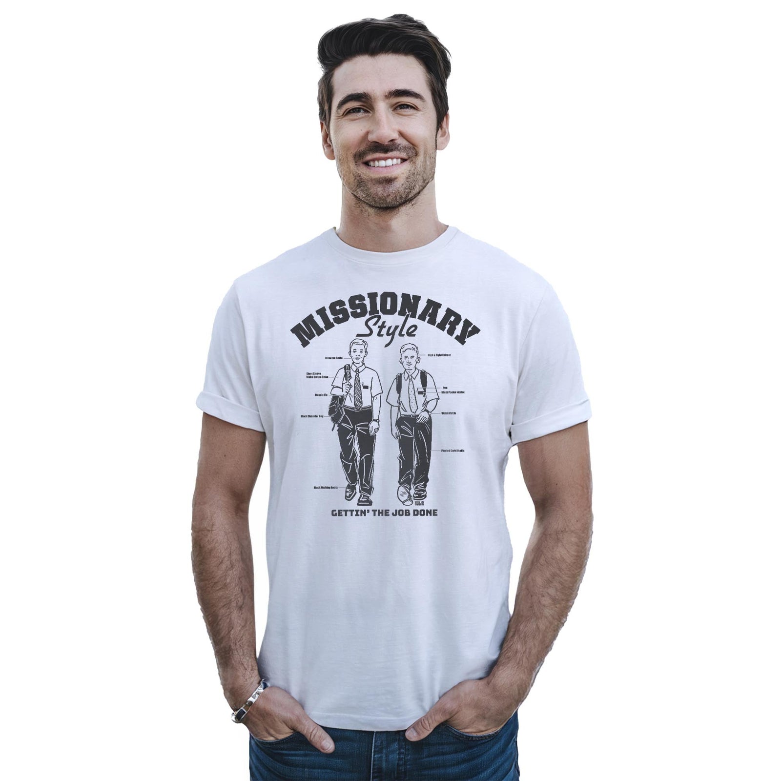 Missionary Style Vintage Staple T-shirt in White On Model - Front View